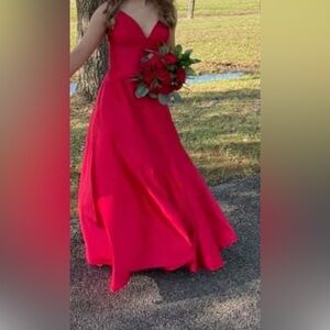 Betsy and Adam Red Satin Prom Dress